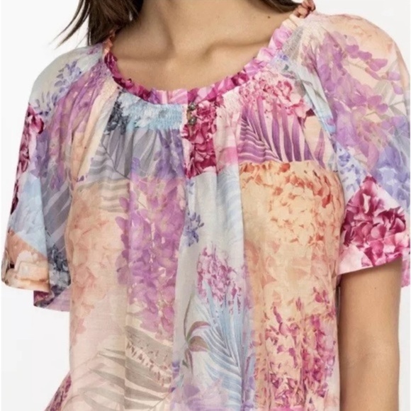 NWT Johnny Was Size Large Esme Floral Short Sleeve Sheer Peasant $225 (A5) - Picture 1 of 13